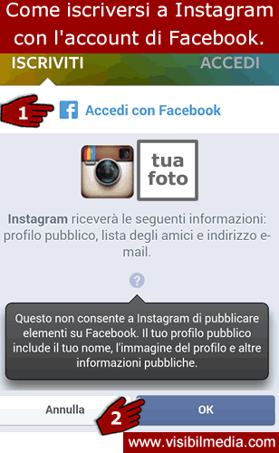 registrazione instagram con facebook
